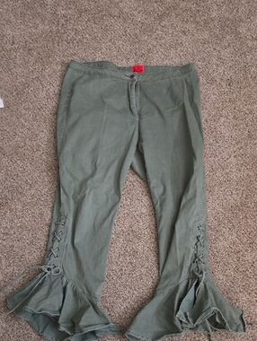 V Cristina Olive Green Wide Leg Pants with Ruffle Hem